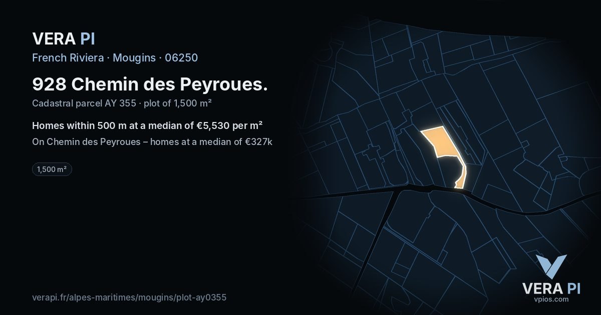 928 Chemin des Peyroues, Mougins at night – the plot lit, the parcels around coloured by the prices near them