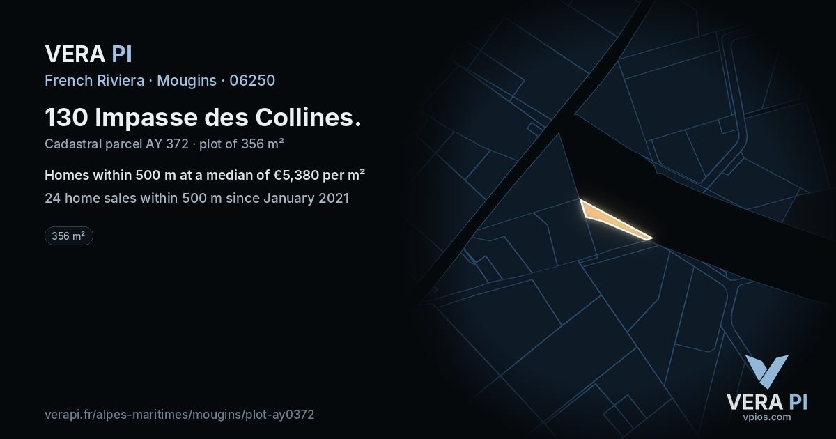 130 Impasse des Collines, Mougins at night – the plot lit, the parcels around coloured by the prices near them