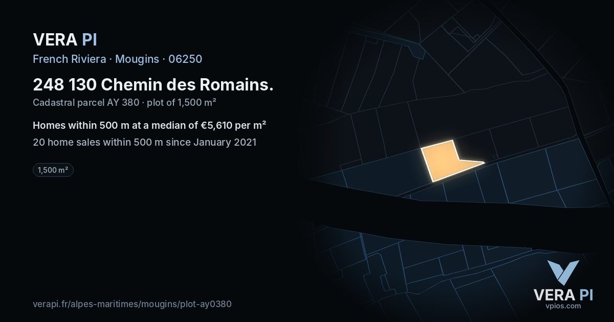 248 130 Chemin des Romains, Mougins at night – the plot lit, the parcels around coloured by the prices near them