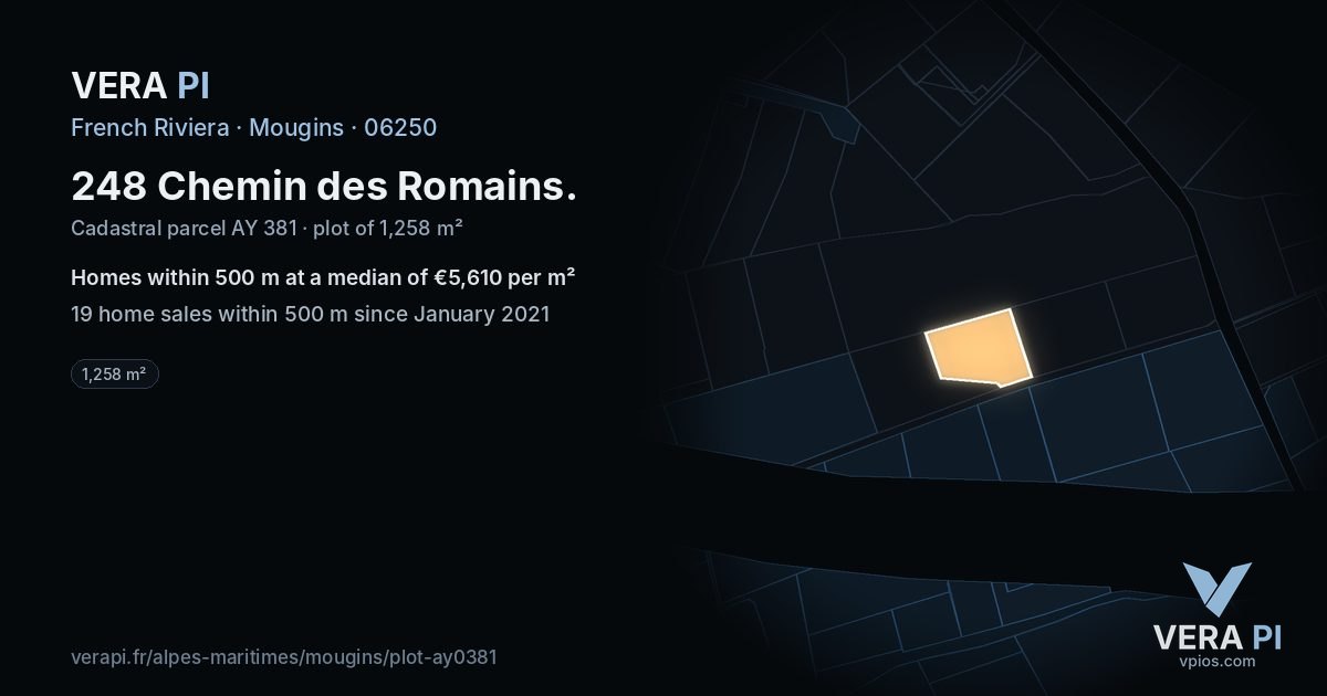 248 Chemin des Romains, Mougins at night – the plot lit, the parcels around coloured by the prices near them