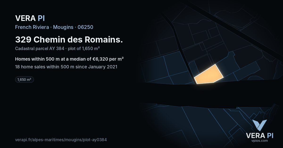 329 Chemin des Romains, Mougins at night – the plot lit, the parcels around coloured by the prices near them