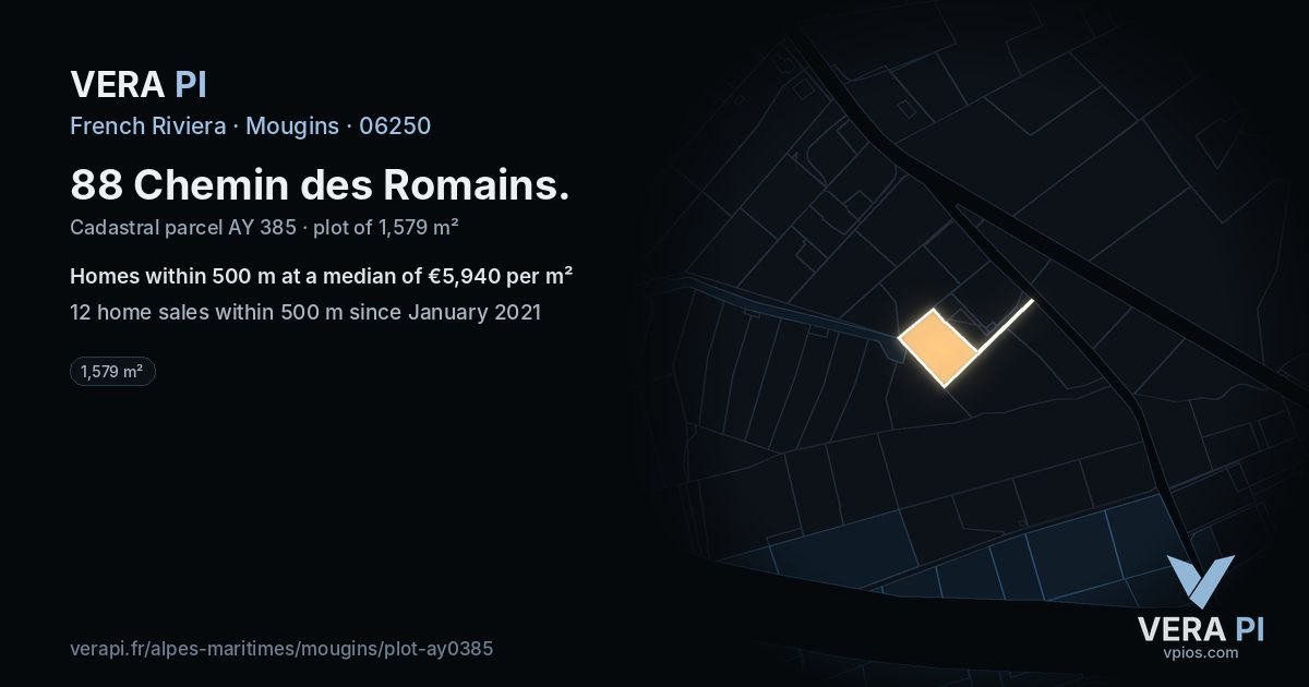 88 Chemin des Romains, Mougins at night – the plot lit, the parcels around coloured by the prices near them