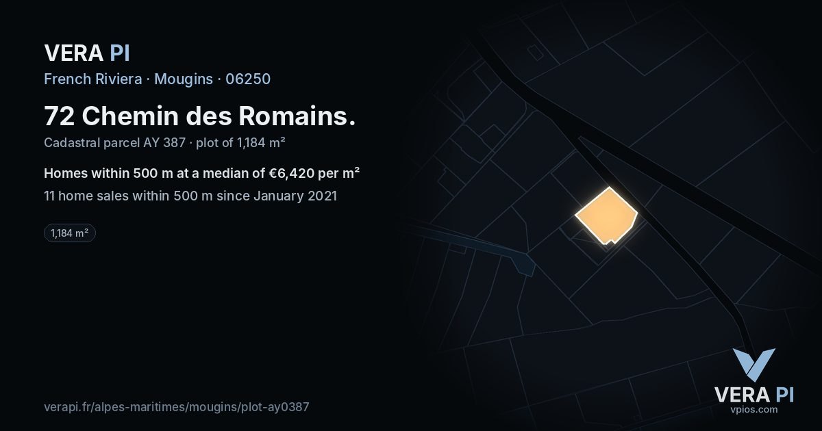 72 Chemin des Romains, Mougins at night – the plot lit, the parcels around coloured by the prices near them