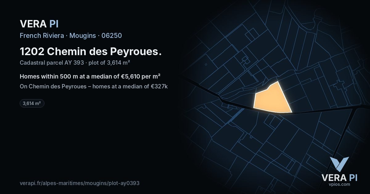 1202 Chemin des Peyroues, Mougins at night – the plot lit, the parcels around coloured by the prices near them