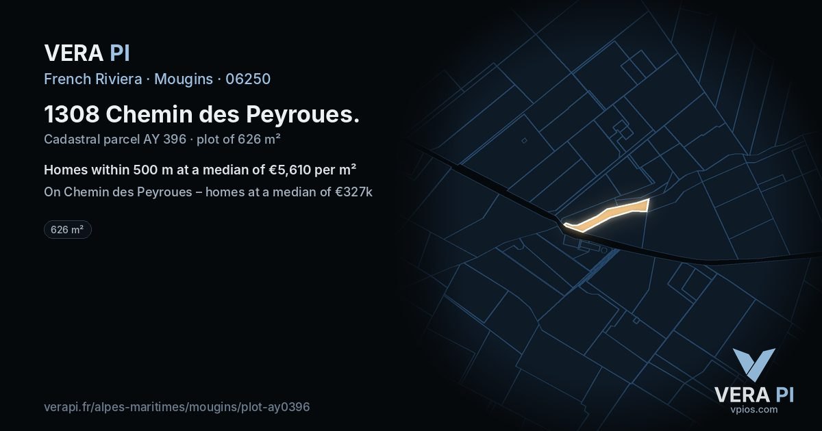 1308 Chemin des Peyroues, Mougins at night – the plot lit, the parcels around coloured by the prices near them