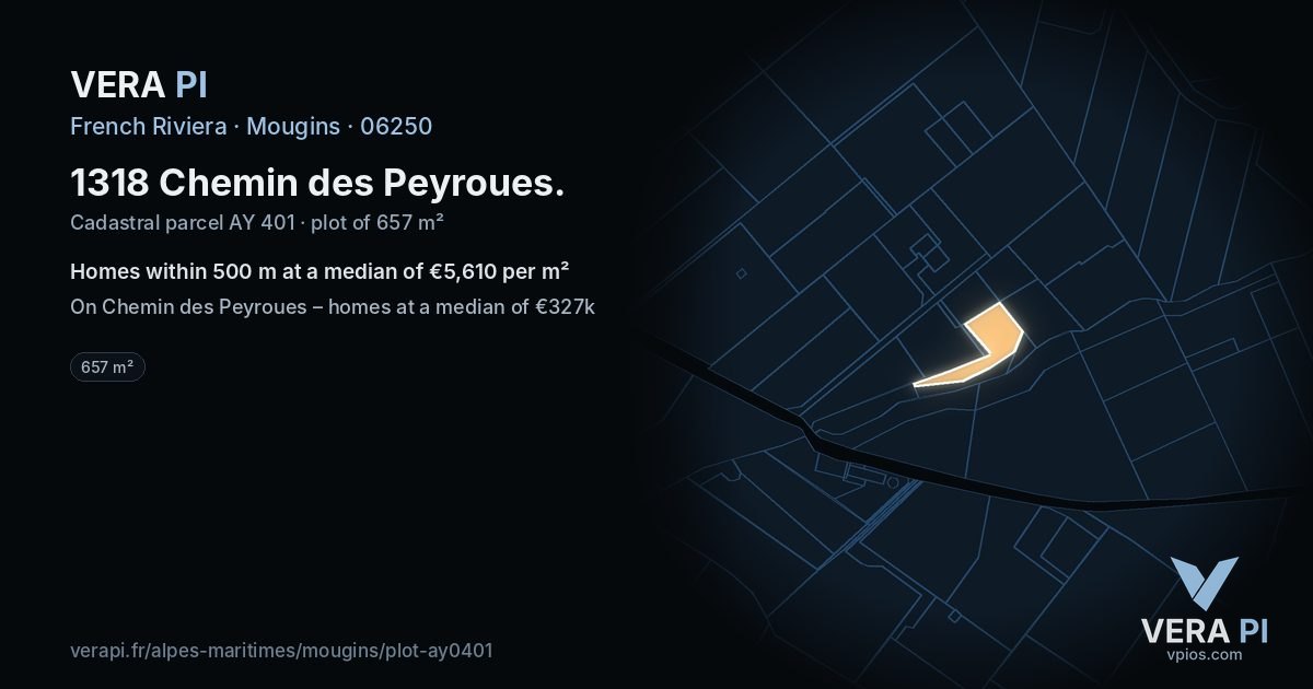 1318 Chemin des Peyroues, Mougins at night – the plot lit, the parcels around coloured by the prices near them