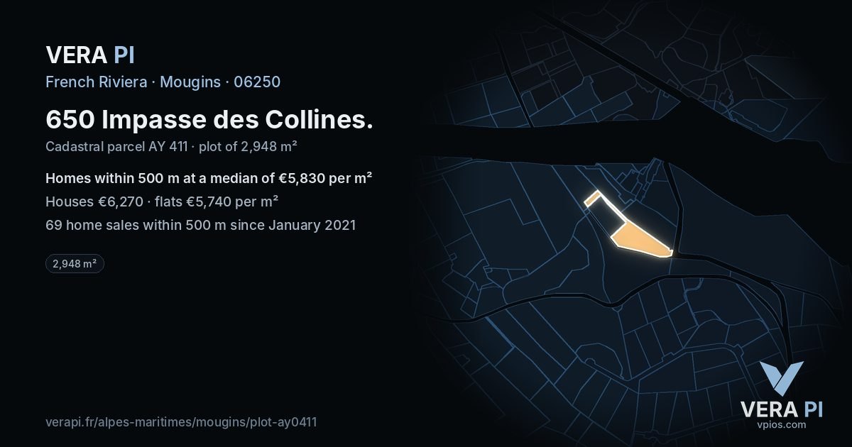 650 Impasse des Collines, Mougins at night – the plot lit, the parcels around coloured by the prices near them