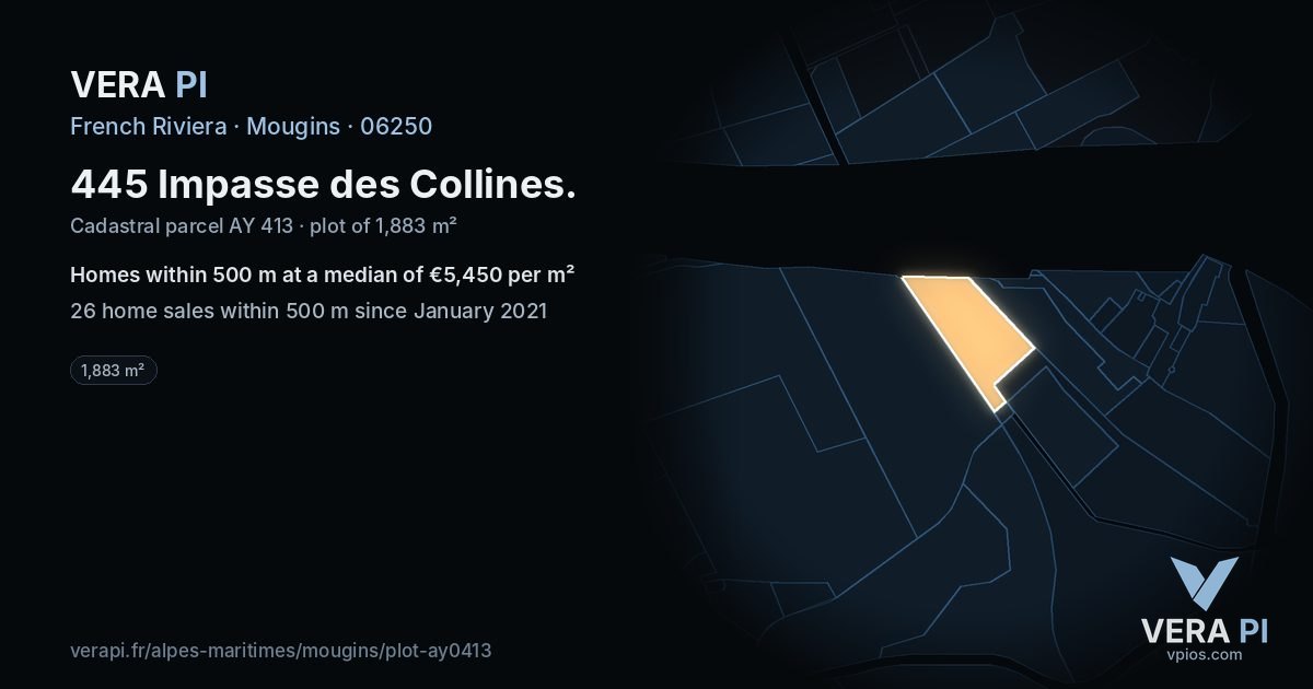 445 Impasse des Collines, Mougins at night – the plot lit, the parcels around coloured by the prices near them