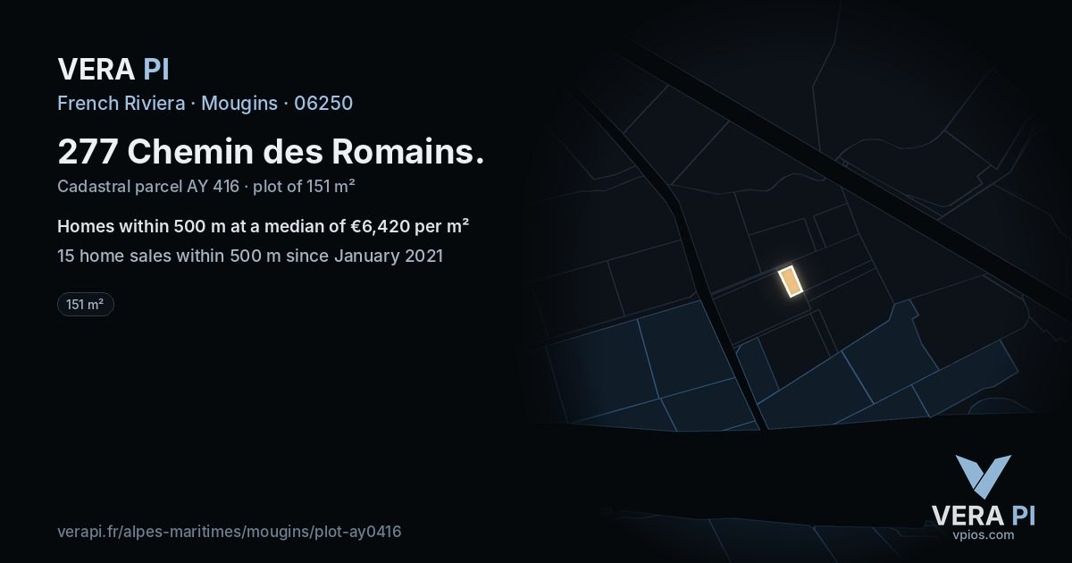 277 Chemin des Romains, Mougins at night – the plot lit, the parcels around coloured by the prices near them