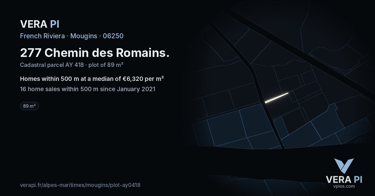 277 Chemin des Romains, Mougins at night – the plot lit, the parcels around coloured by the prices near them