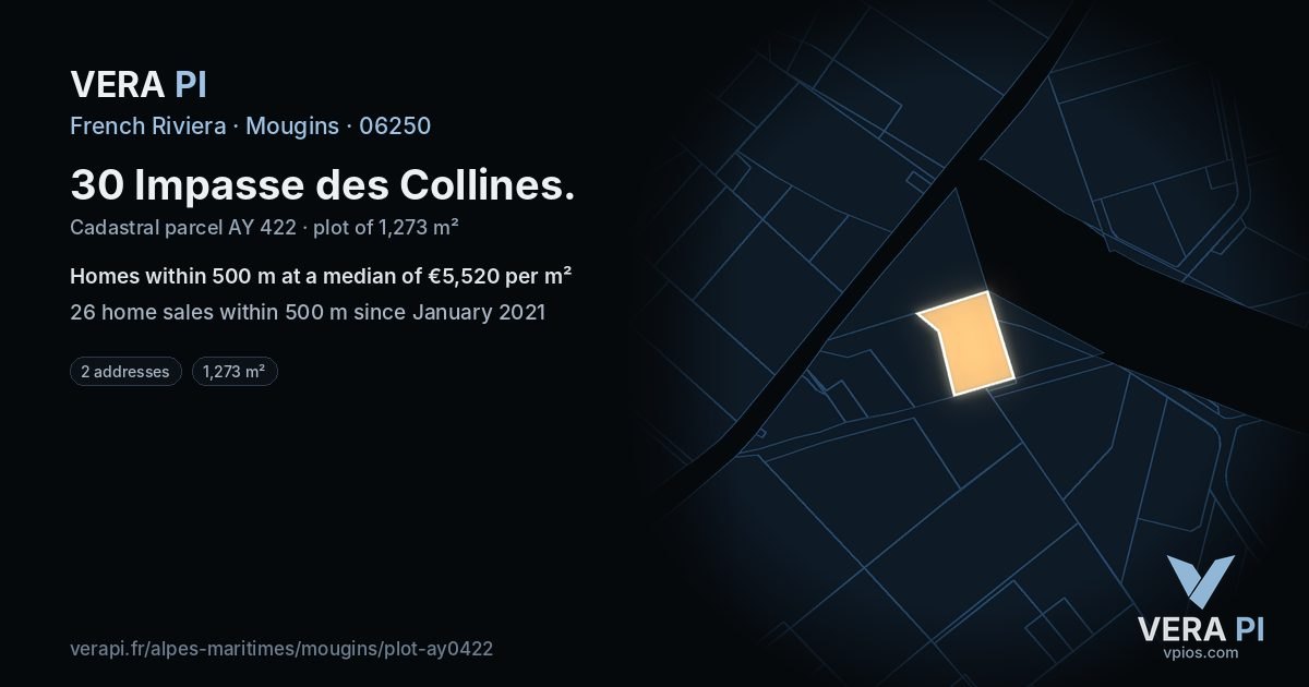 30 Impasse des Collines, Mougins at night – the plot lit, the parcels around coloured by the prices near them