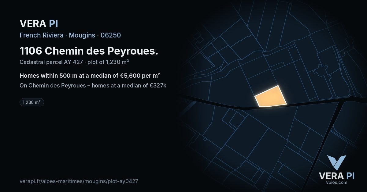 1106 Chemin des Peyroues, Mougins at night – the plot lit, the parcels around coloured by the prices near them