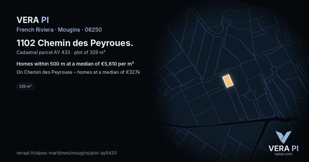 1102 Chemin des Peyroues, Mougins at night – the plot lit, the parcels around coloured by the prices near them
