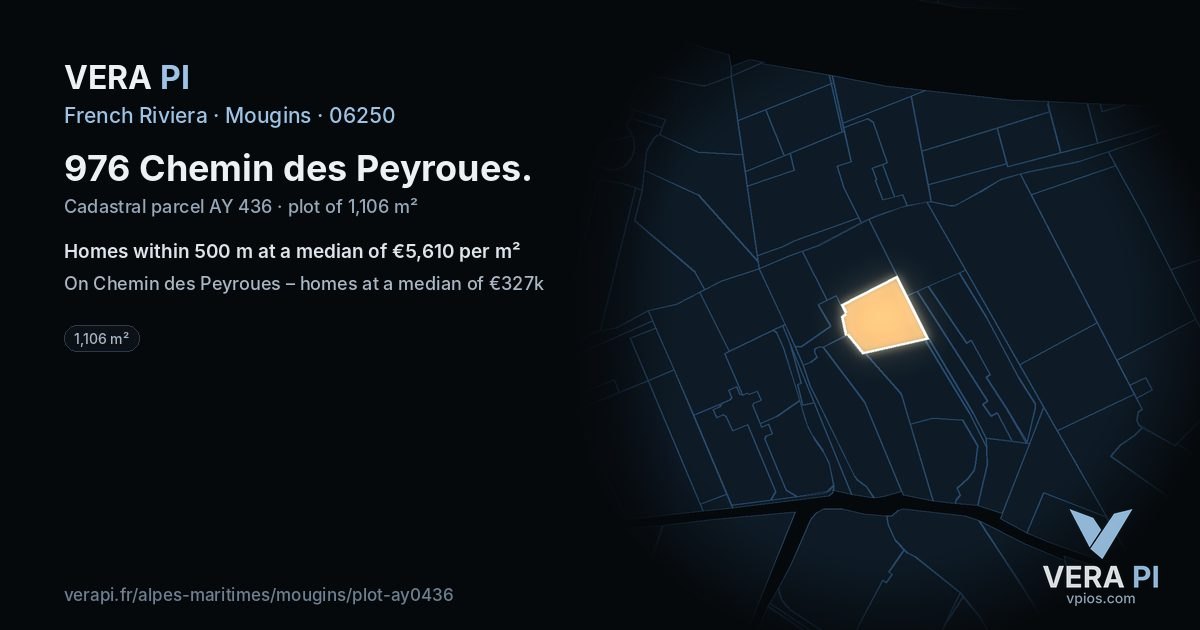 976 Chemin des Peyroues, Mougins at night – the plot lit, the parcels around coloured by the prices near them