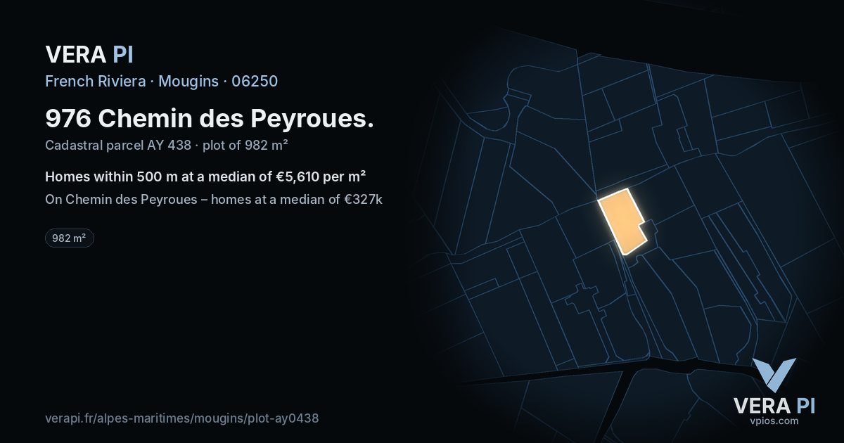 976 Chemin des Peyroues, Mougins at night – the plot lit, the parcels around coloured by the prices near them