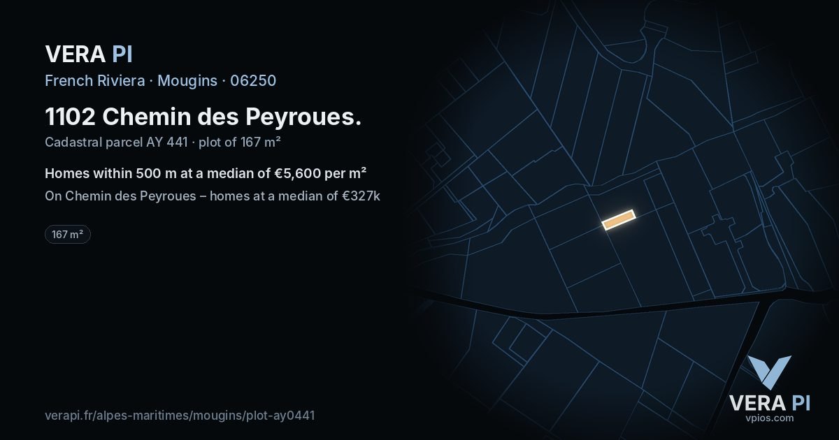 1102 Chemin des Peyroues, Mougins at night – the plot lit, the parcels around coloured by the prices near them