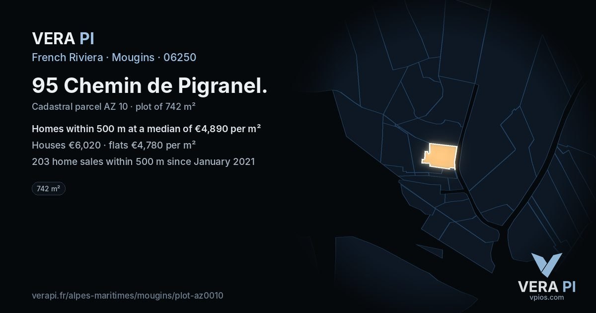 95 Chemin de Pigranel, Mougins at night – the plot lit, the parcels around coloured by the prices near them