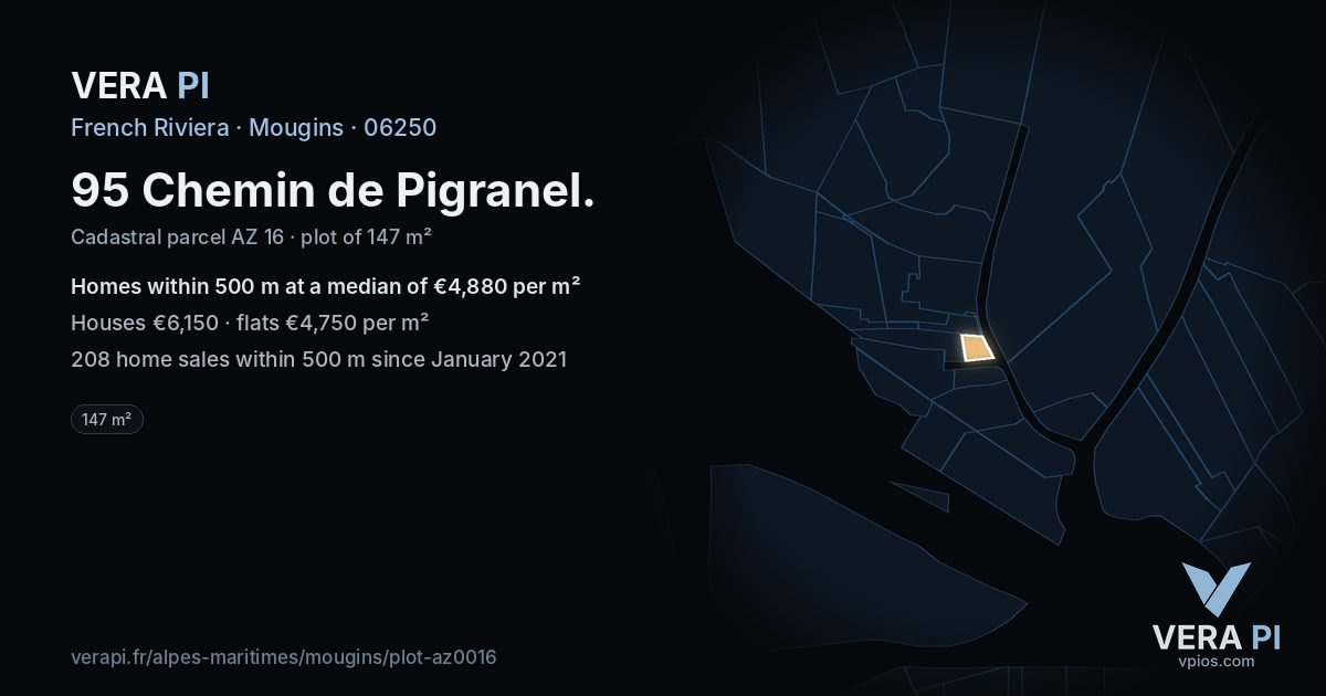 95 Chemin de Pigranel, Mougins at night – the plot lit, the parcels around coloured by the prices near them