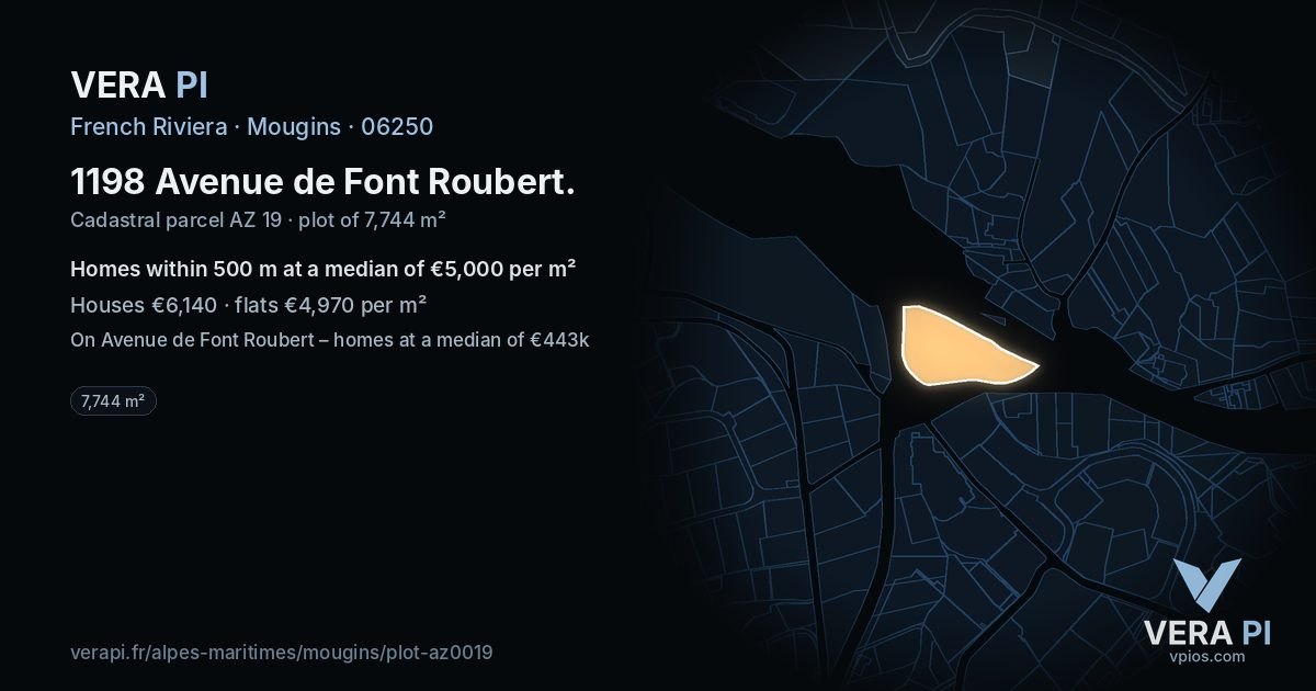 1198 Avenue de Font Roubert, Mougins at night – the plot lit, the parcels around coloured by the prices near them