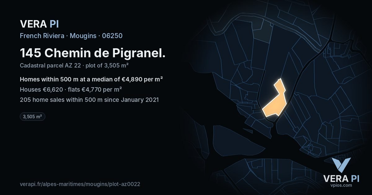 145 Chemin de Pigranel, Mougins at night – the plot lit, the parcels around coloured by the prices near them