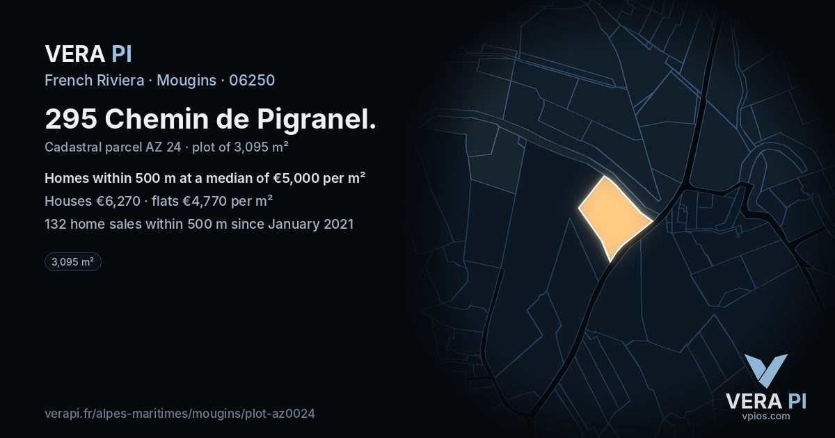 295 Chemin de Pigranel, Mougins at night – the plot lit, the parcels around coloured by the prices near them