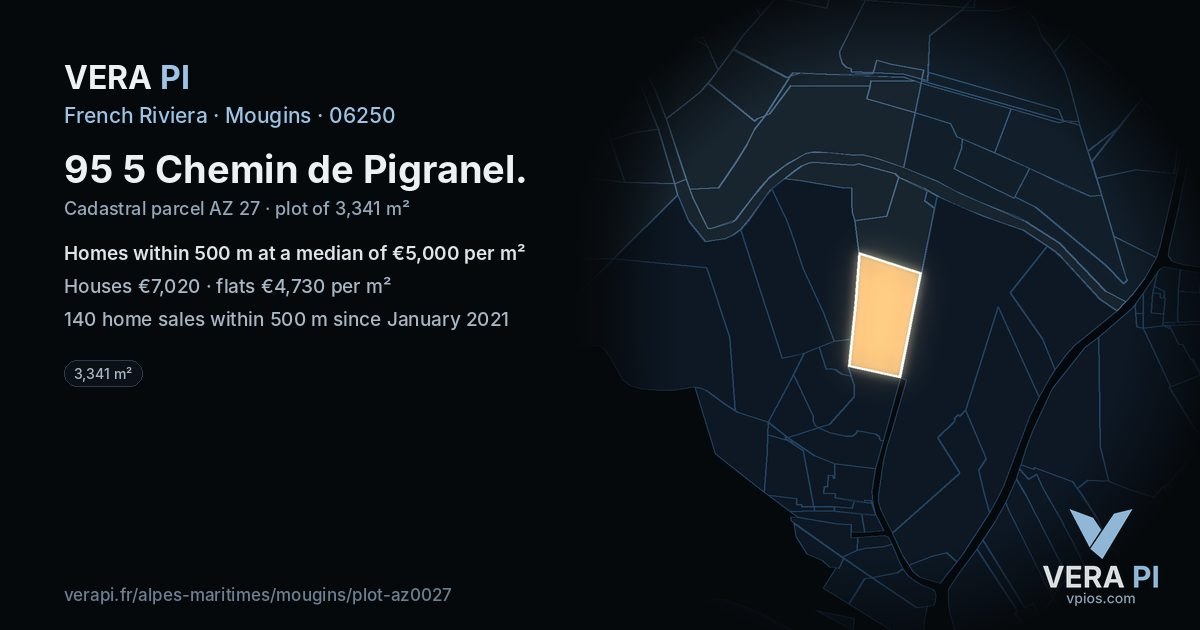 95 5 Chemin de Pigranel, Mougins at night – the plot lit, the parcels around coloured by the prices near them