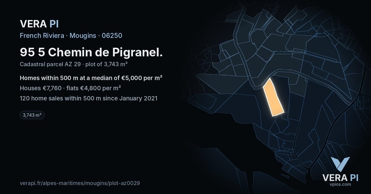 95 5 Chemin de Pigranel, Mougins at night – the plot lit, the parcels around coloured by the prices near them