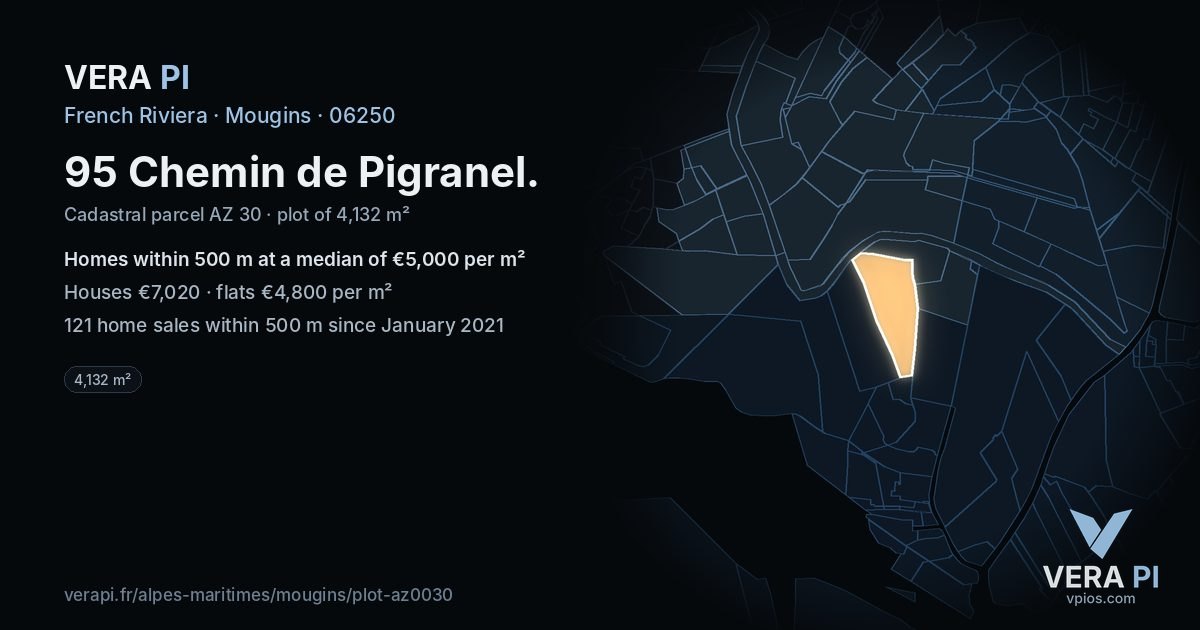 95 Chemin de Pigranel, Mougins at night – the plot lit, the parcels around coloured by the prices near them