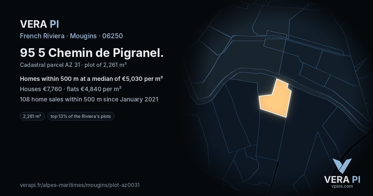 95 5 Chemin de Pigranel, Mougins at night – the plot lit, the parcels around coloured by the prices near them
