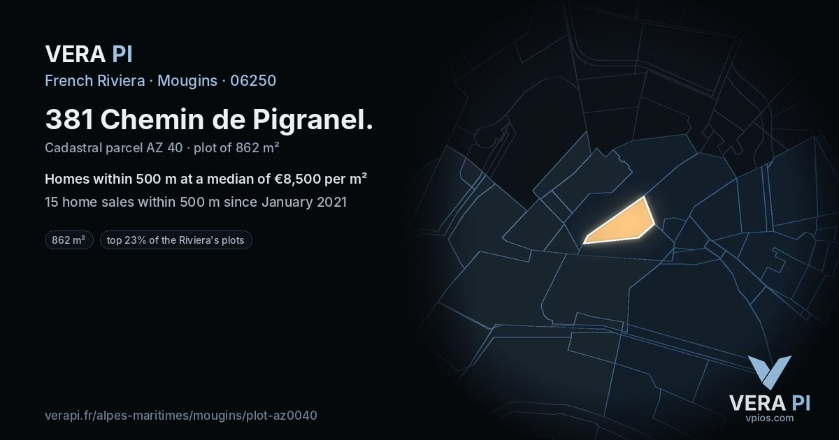 381 Chemin de Pigranel, Mougins at night – the plot lit, the parcels around coloured by the prices near them