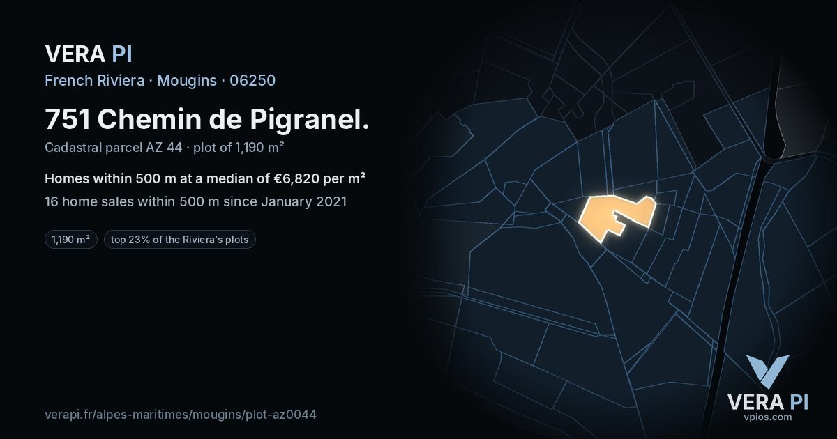 751 Chemin de Pigranel, Mougins at night – the plot lit, the parcels around coloured by the prices near them