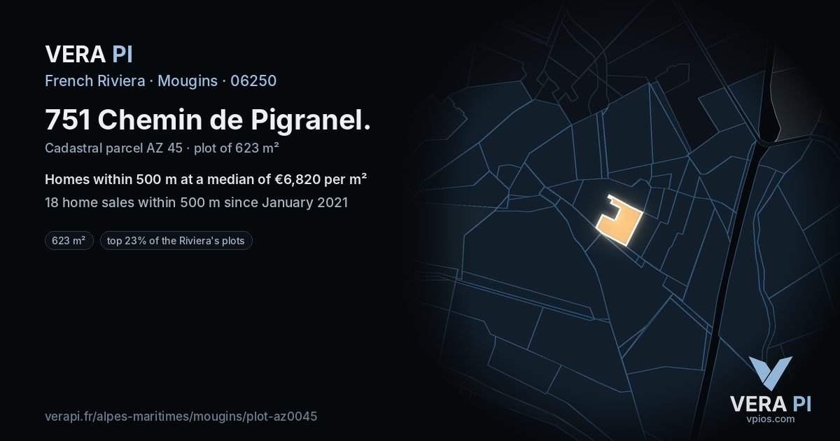 751 Chemin de Pigranel, Mougins at night – the plot lit, the parcels around coloured by the prices near them