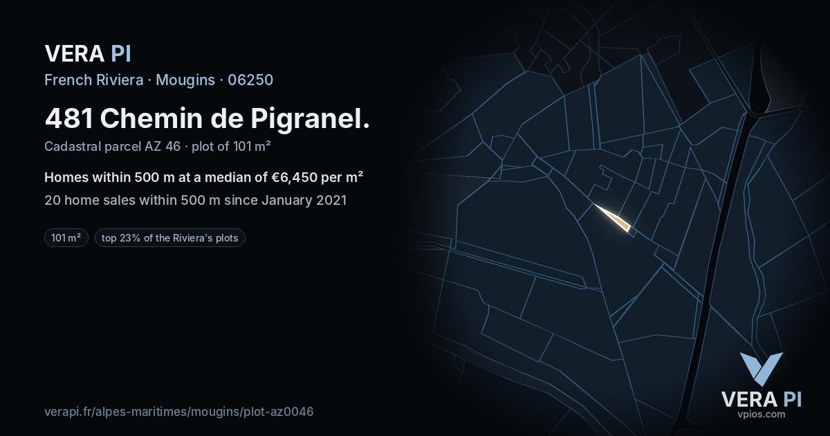 481 Chemin de Pigranel, Mougins at night – the plot lit, the parcels around coloured by the prices near them