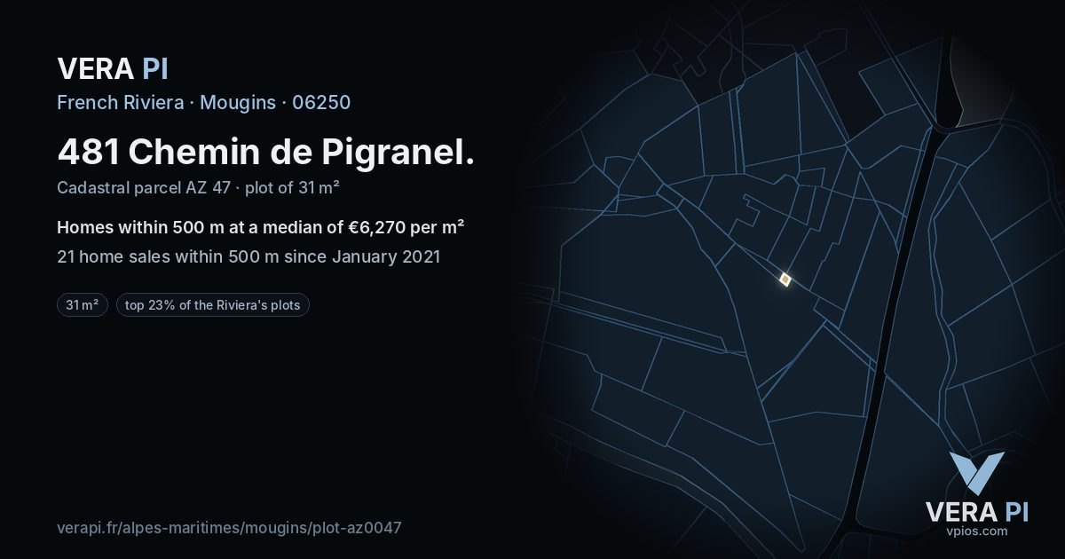 481 Chemin de Pigranel, Mougins at night – the plot lit, the parcels around coloured by the prices near them