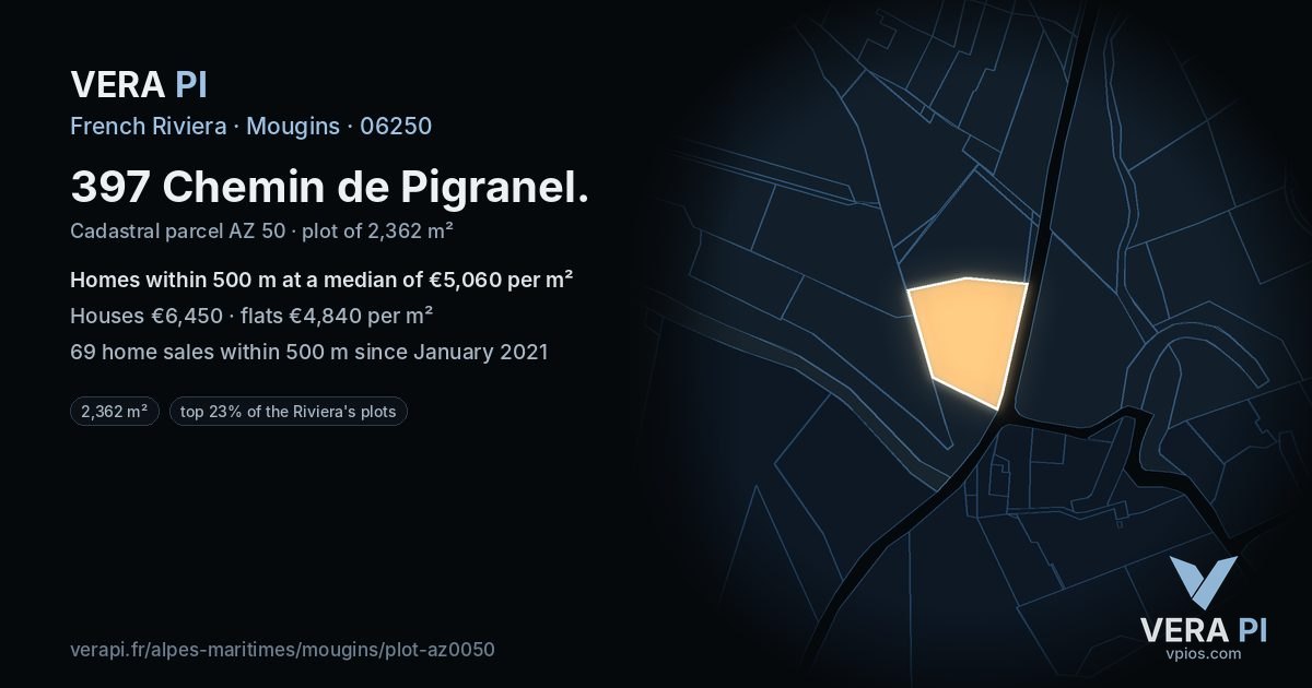 397 Chemin de Pigranel, Mougins at night – the plot lit, the parcels around coloured by the prices near them