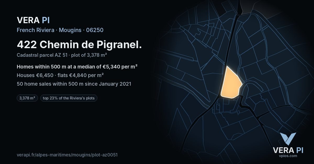 422 Chemin de Pigranel, Mougins at night – the plot lit, the parcels around coloured by the prices near them