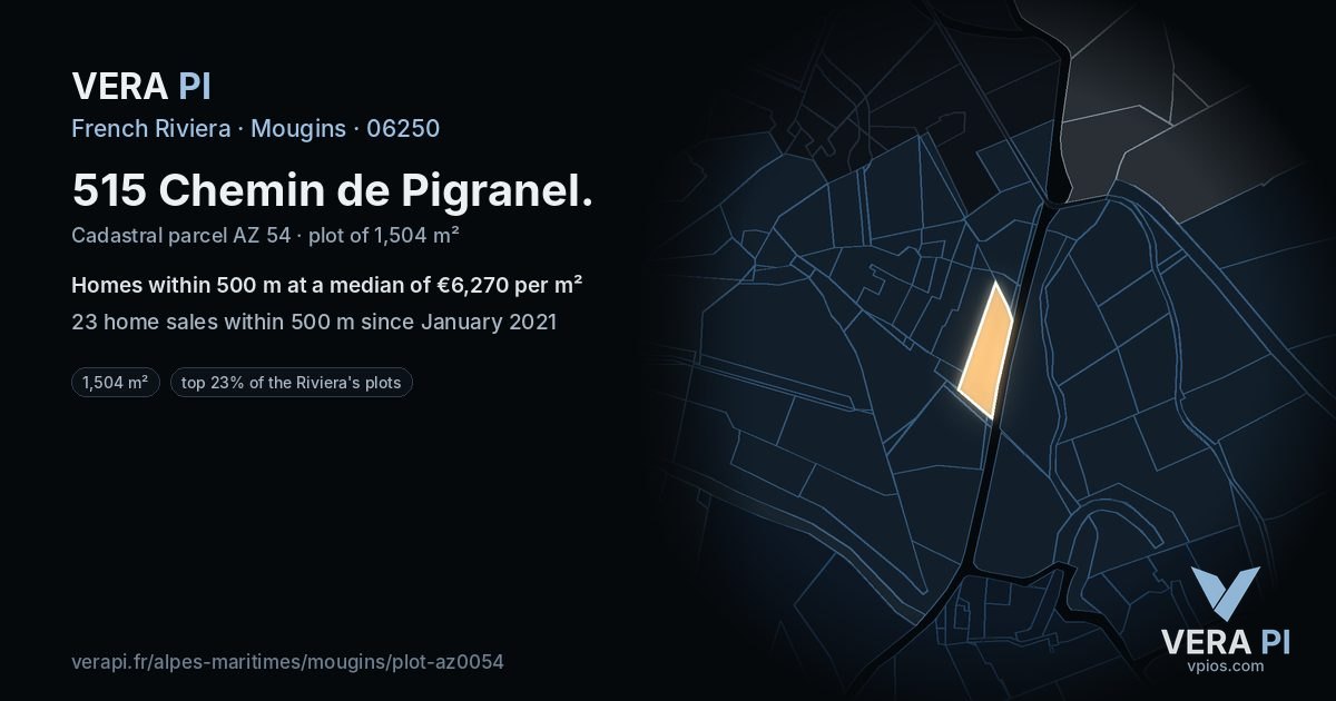 515 Chemin de Pigranel, Mougins at night – the plot lit, the parcels around coloured by the prices near them