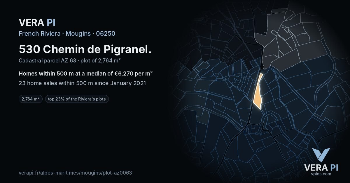 530 Chemin de Pigranel, Mougins at night – the plot lit, the parcels around coloured by the prices near them