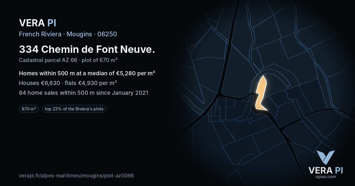 334 Chemin de Font Neuve, Mougins at night – the plot lit, the parcels around coloured by the prices near them