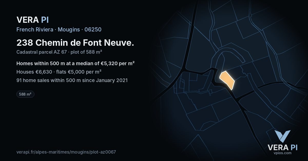 238 Chemin de Font Neuve, Mougins at night – the plot lit, the parcels around coloured by the prices near them