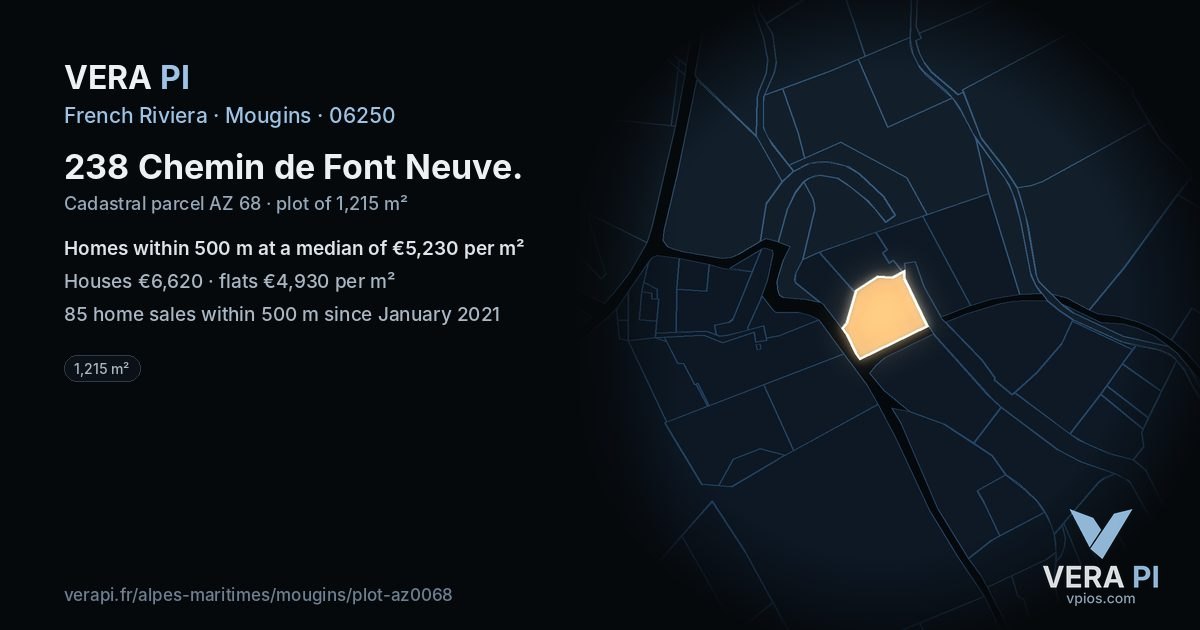 238 Chemin de Font Neuve, Mougins at night – the plot lit, the parcels around coloured by the prices near them