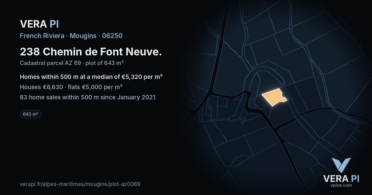 238 Chemin de Font Neuve, Mougins at night – the plot lit, the parcels around coloured by the prices near them