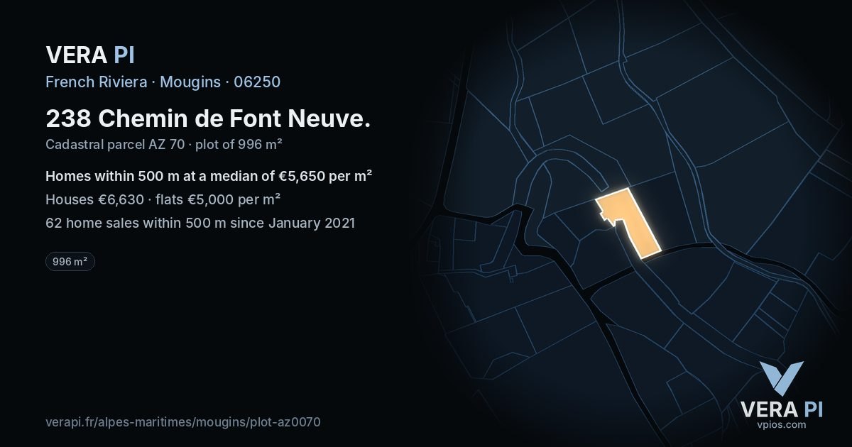 238 Chemin de Font Neuve, Mougins at night – the plot lit, the parcels around coloured by the prices near them