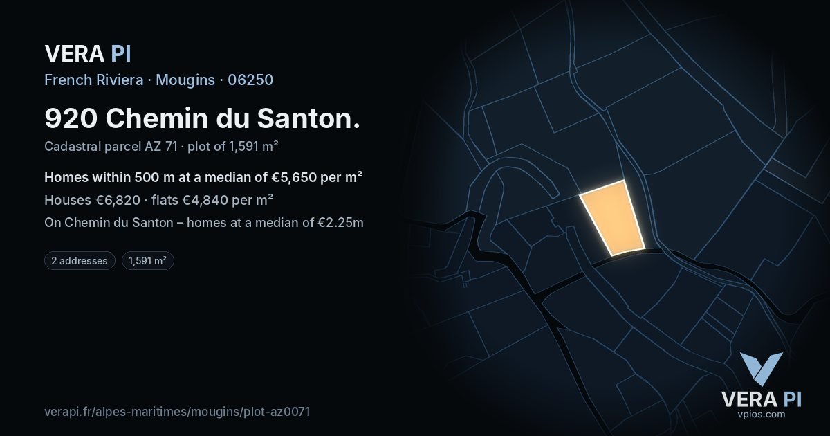 920 Chemin du Santon, Mougins at night – the plot lit, the parcels around coloured by the prices near them