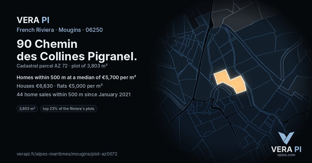 90 Chemin des Collines Pigranel, Mougins at night – the plot lit, the parcels around coloured by the prices near them