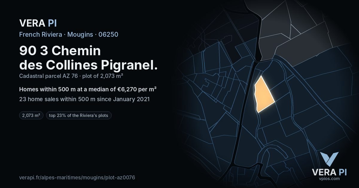 90 3 Chemin des Collines Pigranel, Mougins at night – the plot lit, the parcels around coloured by the prices near them