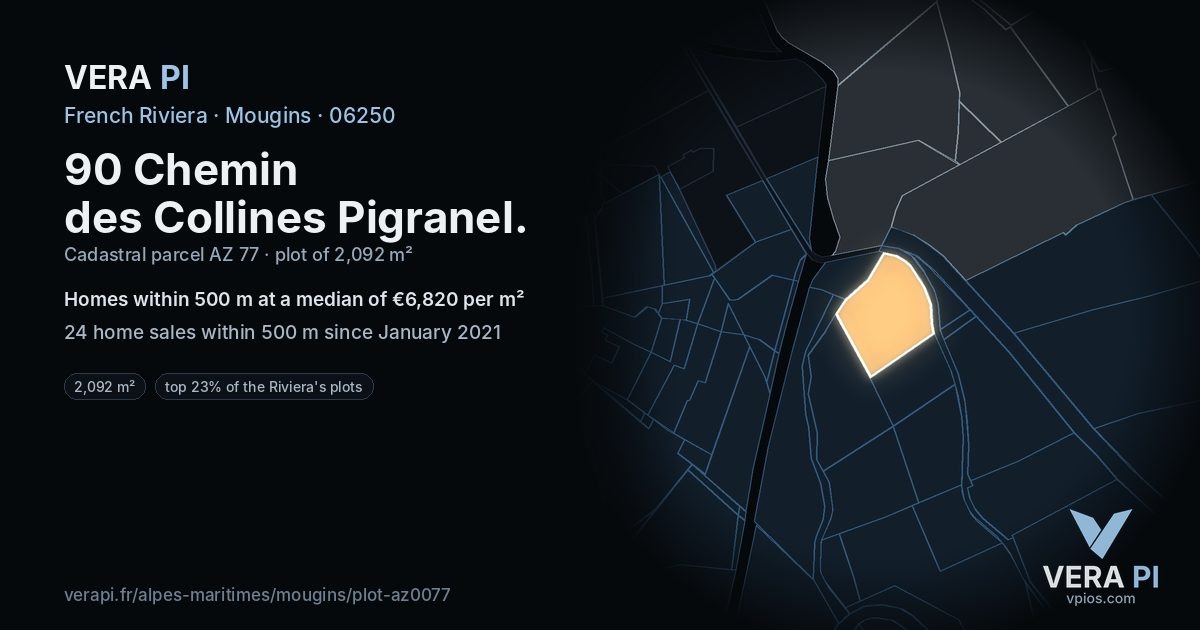90 Chemin des Collines Pigranel, Mougins at night – the plot lit, the parcels around coloured by the prices near them