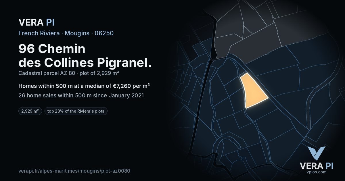 96 Chemin des Collines Pigranel, Mougins at night – the plot lit, the parcels around coloured by the prices near them