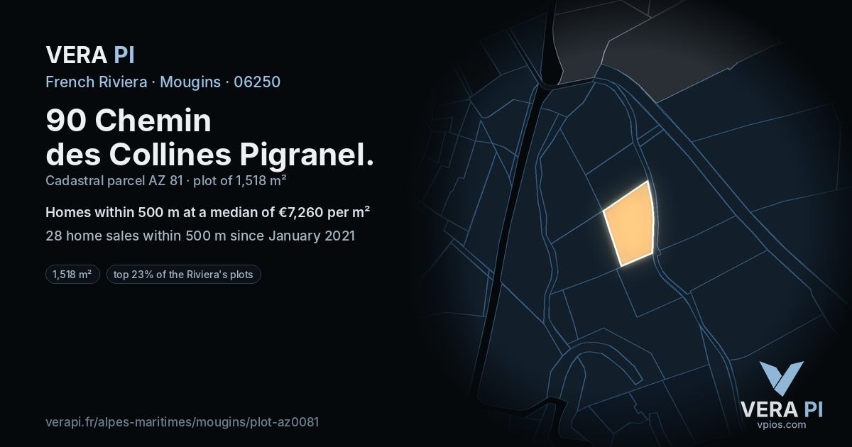 90 Chemin des Collines Pigranel, Mougins at night – the plot lit, the parcels around coloured by the prices near them