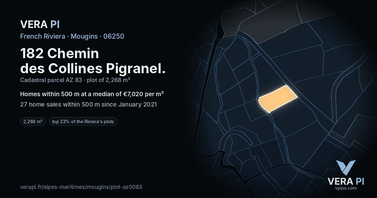 182 Chemin des Collines Pigranel, Mougins at night – the plot lit, the parcels around coloured by the prices near them